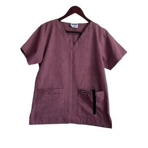Landau Womens Scrub Top M Burgundy Check V-Neck‎ 2 Pocket Medical Uniform Nurse